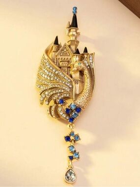Gold and Blue Dragon Castle Pendant Brooch - Women Jewelry